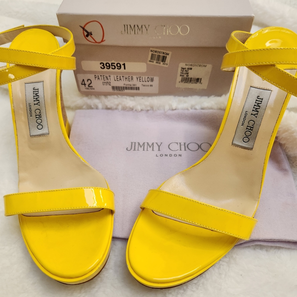 Jimmy Choo Yellow Patent Leather strappy wedge sandals size 42